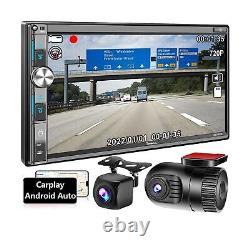 Double Din Car Stereo with Dash Cam & Backup Camera Voice Control CarPlay a