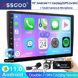 Double 2 DIN 10 pouces stéréo de voiture avec radio HD GPS NAV Android 11 FM Carplay + micro et caméra.